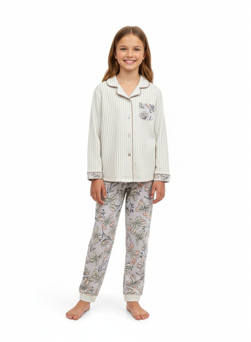 Joanna Girls Cotton Night Suit Set, Solid Plain Full Sleeve Top and Pajama, Soft Comfortable Kids Nightwear Sleepwear - Image 1